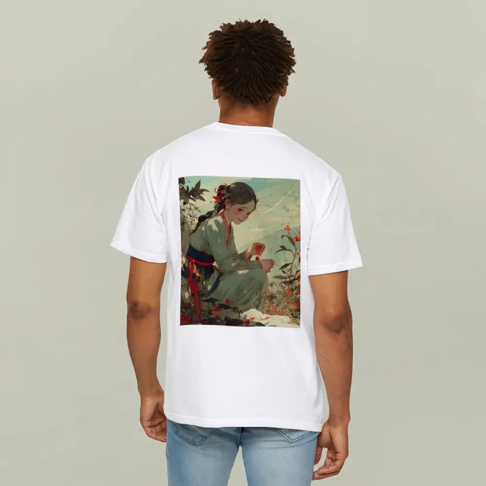 Chinese Girl Picking Flowers Mountain Landscape Art – T-Shirts