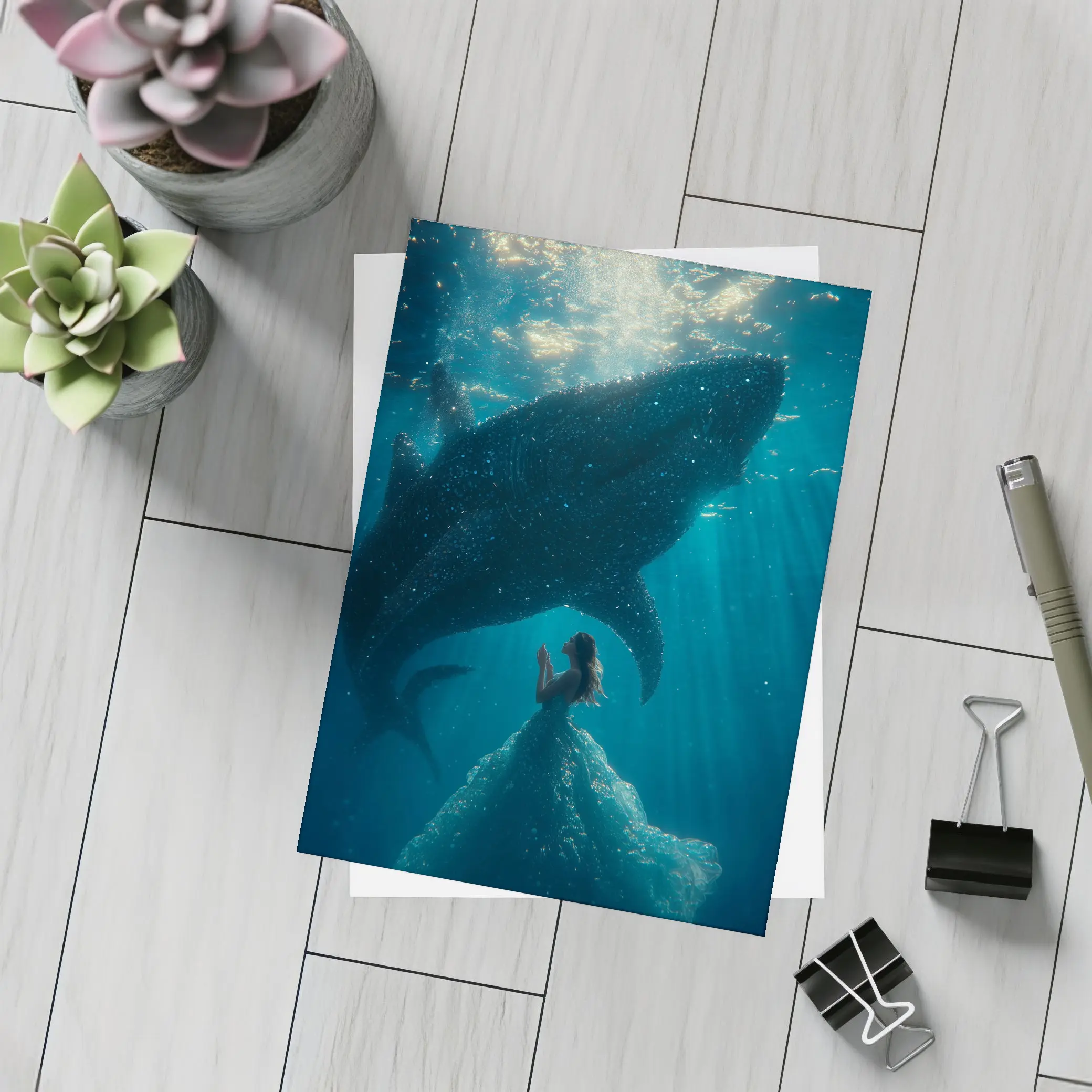 Woman In Dress With Whale Shark Underwater – Postcards