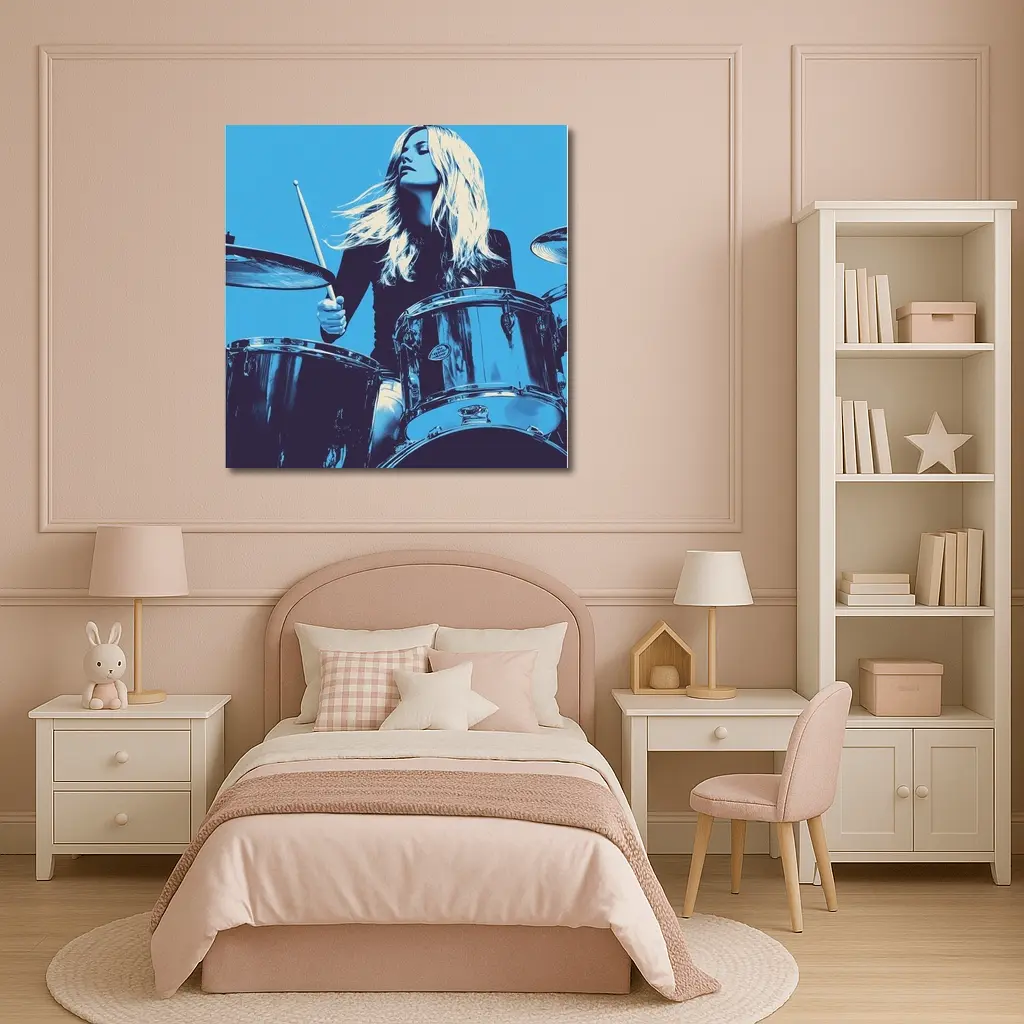 Blonde Woman Playing Drums Blue Pop Art – Wall Art