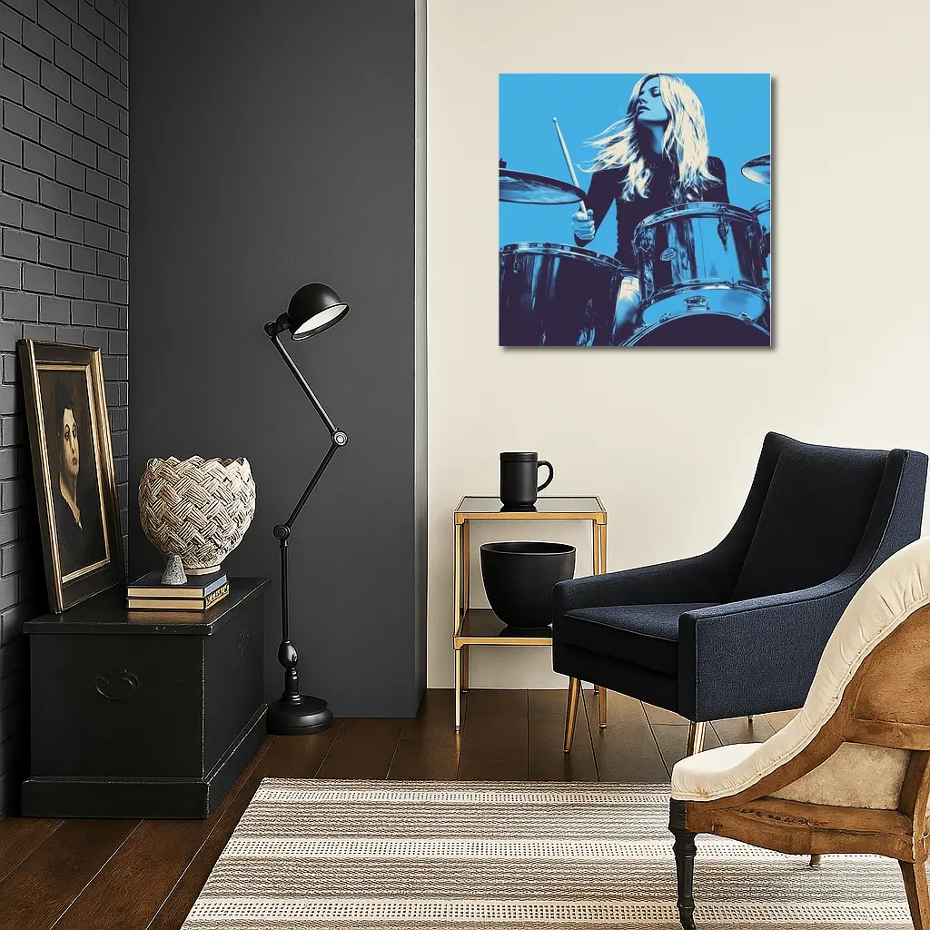 Blonde Woman Playing Drums Blue Pop Art – Wall Art