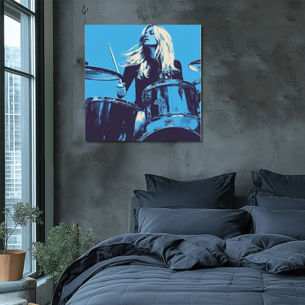 Blonde Woman Playing Drums Blue Pop Art – Wall Art
