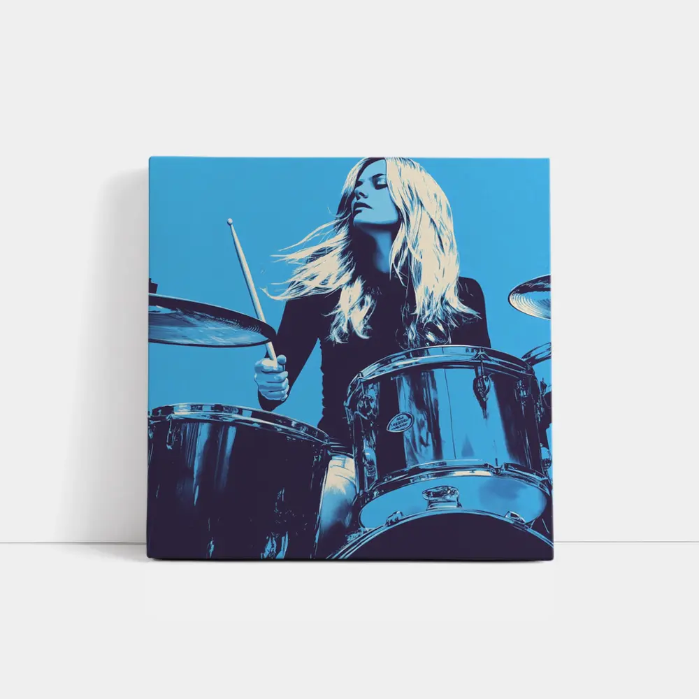 Blonde Woman Playing Drums Blue Pop Art – Wall Art