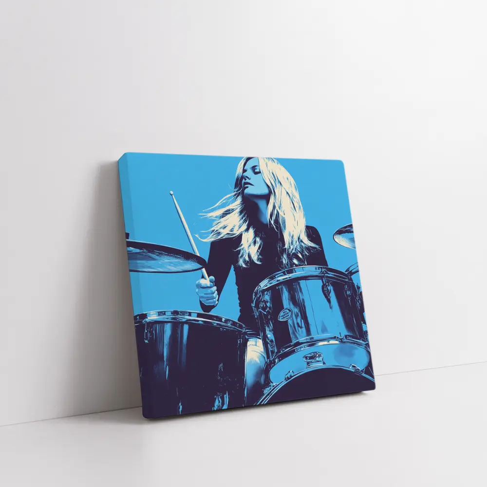 Blonde Woman Playing Drums Blue Pop Art – Wall Art