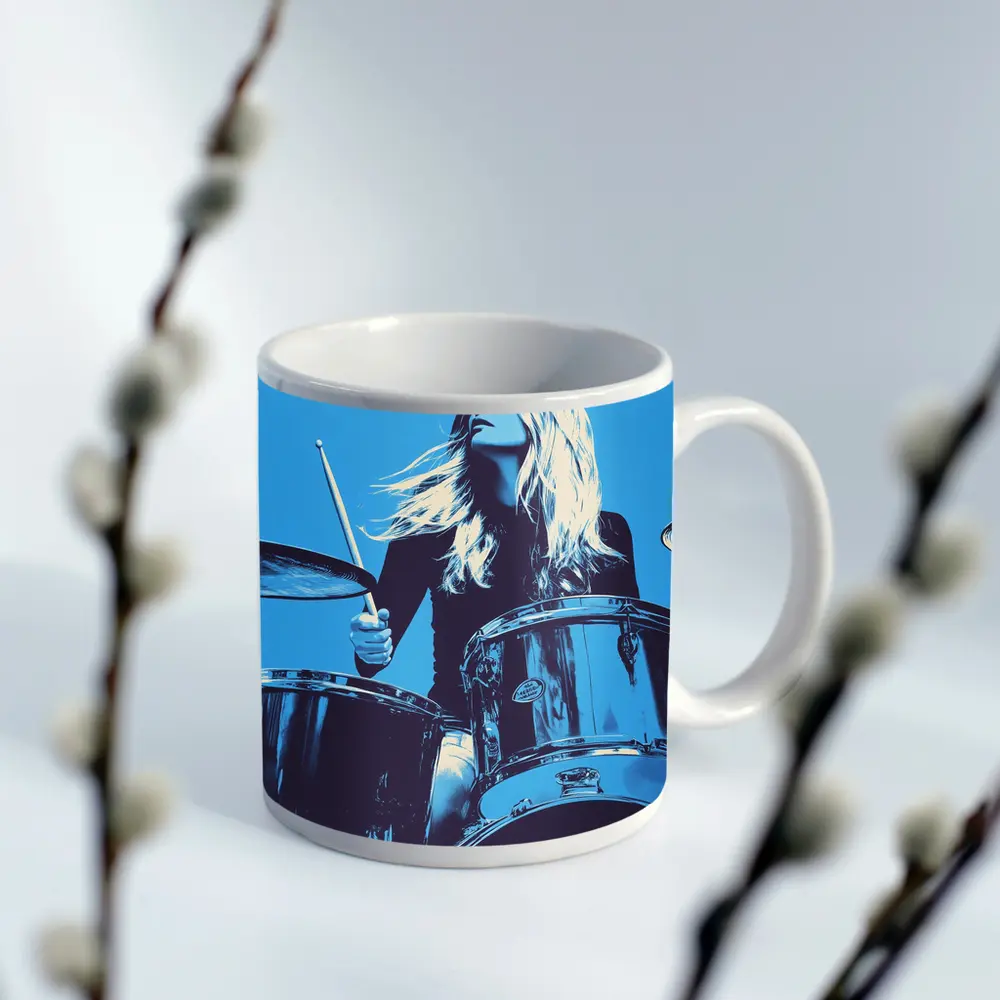 Blonde Woman Playing Drums Blue Pop Art – Mugs