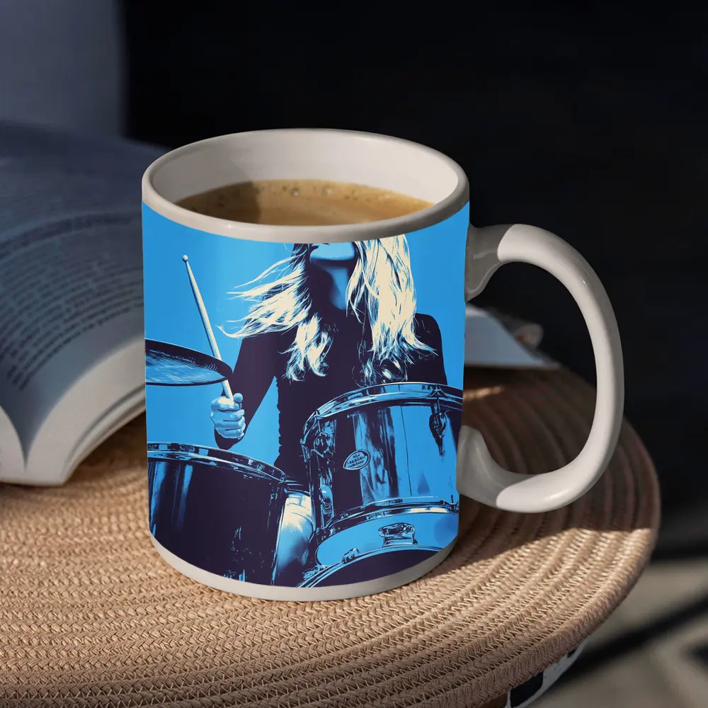 Blonde Woman Playing Drums Blue Pop Art – Mugs