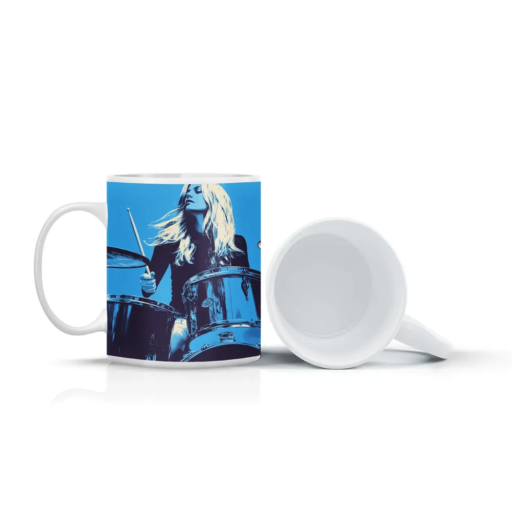 Blonde Woman Playing Drums Blue Pop Art – Mugs