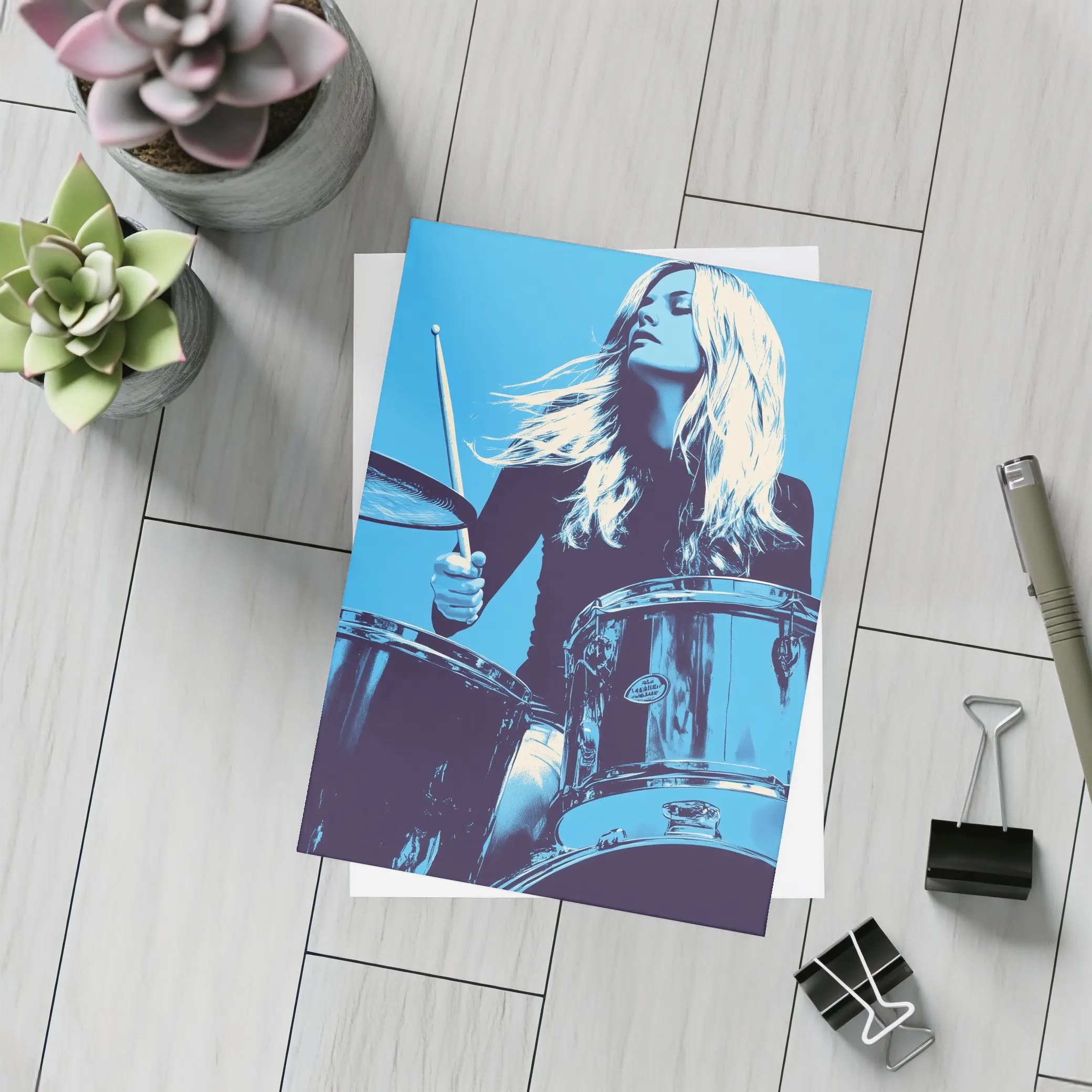 Blonde Woman Playing Drums Blue Pop Art – Postcards