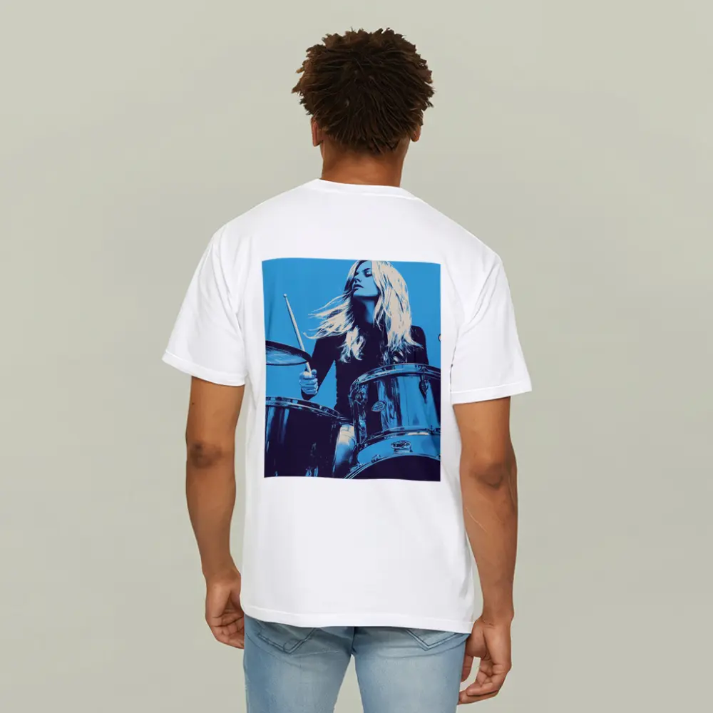 Blonde Woman Playing Drums Blue Pop Art – T-Shirts