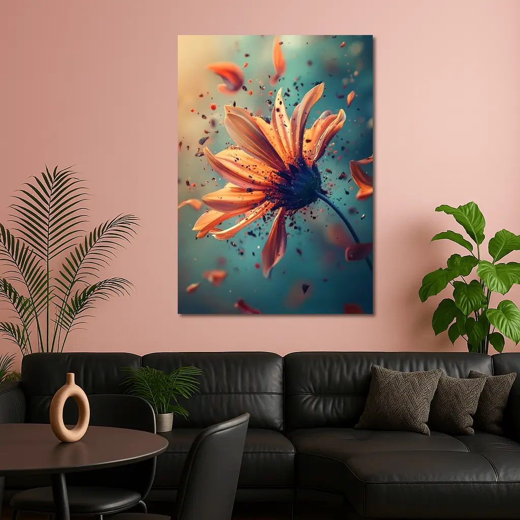 Orange Daisy Exploding Petals Teal Background – Wall Art