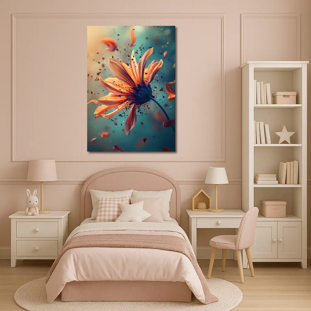 Orange Daisy Exploding Petals Teal Background – Wall Art