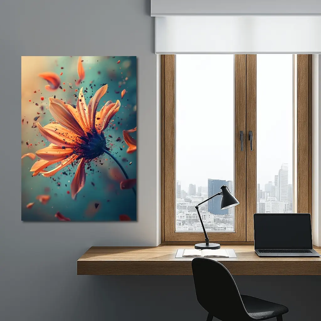 Orange Daisy Exploding Petals Teal Background – Wall Art