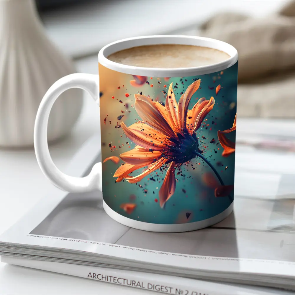 Orange Daisy Exploding Petals Teal Background – Mugs