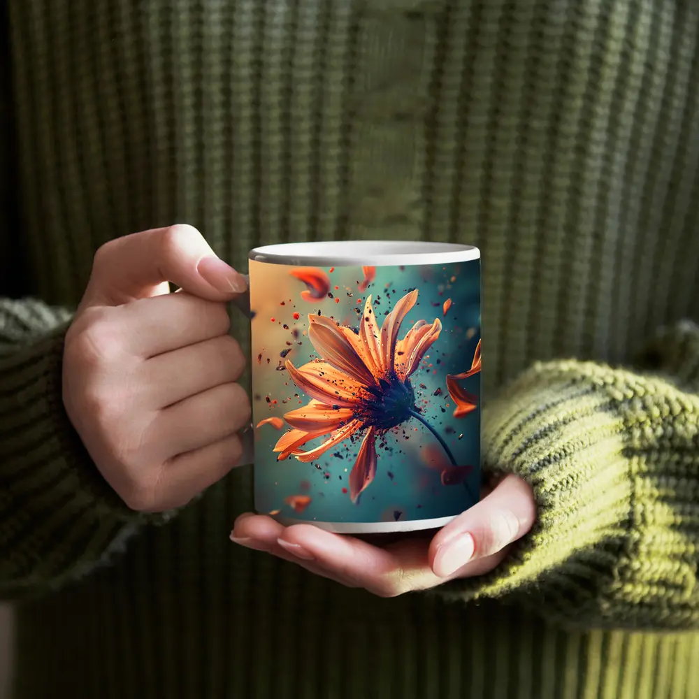 Orange Daisy Exploding Petals Teal Background – Mugs