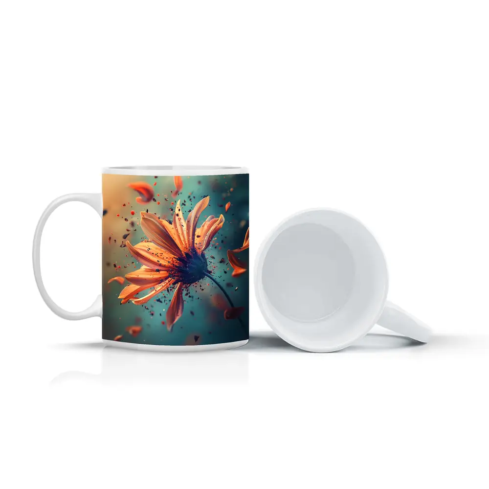 Orange Daisy Exploding Petals Teal Background – Mugs