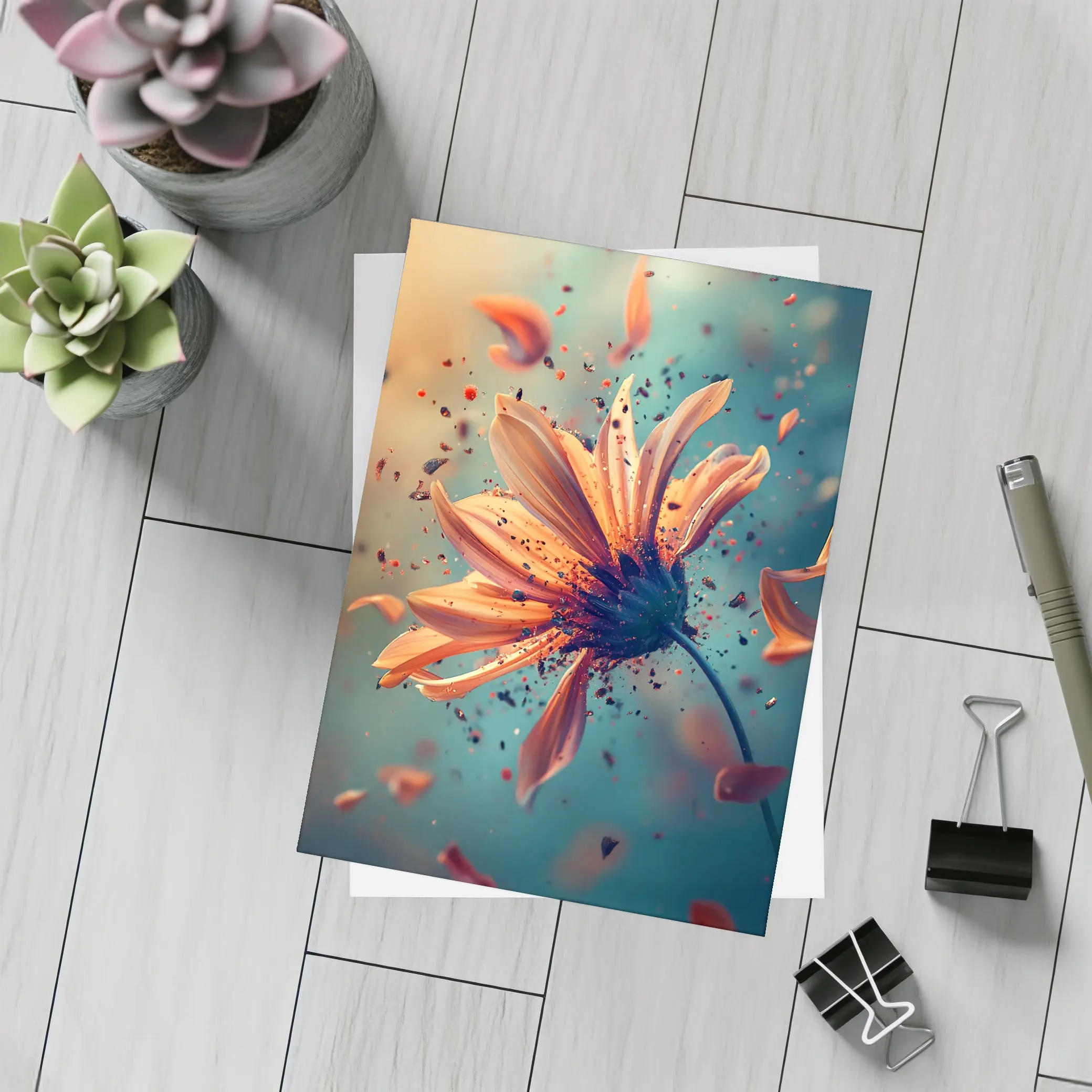 Orange Daisy Exploding Petals Teal Background – Postcards