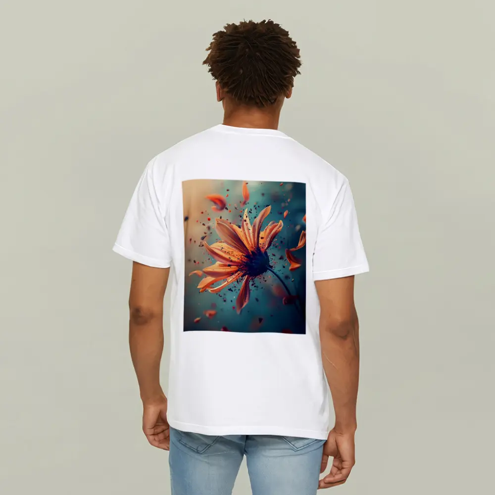 Orange Daisy Exploding Petals Teal Background – T-Shirts