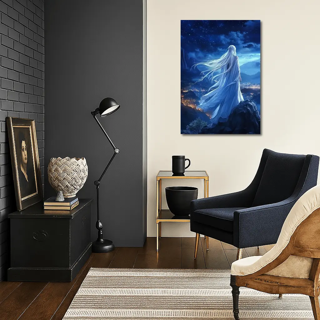 Anime Girl White Dress Starry Night City – Wall Art