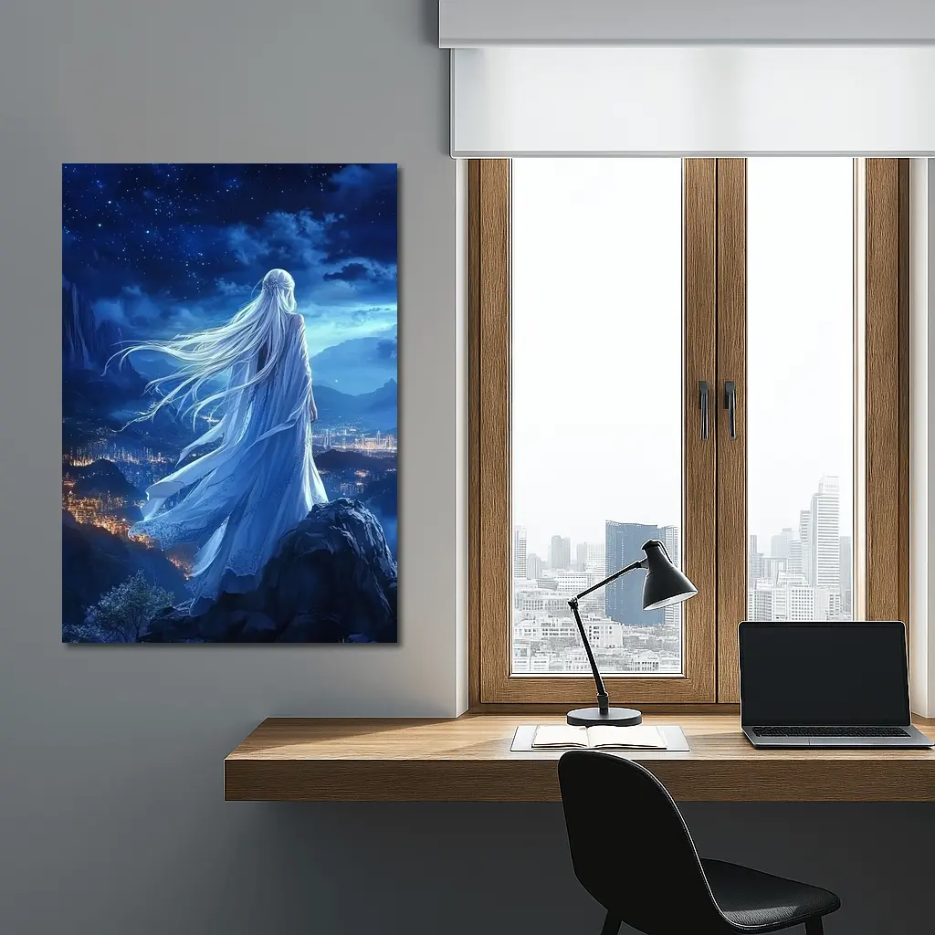 Anime Girl White Dress Starry Night City – Wall Art