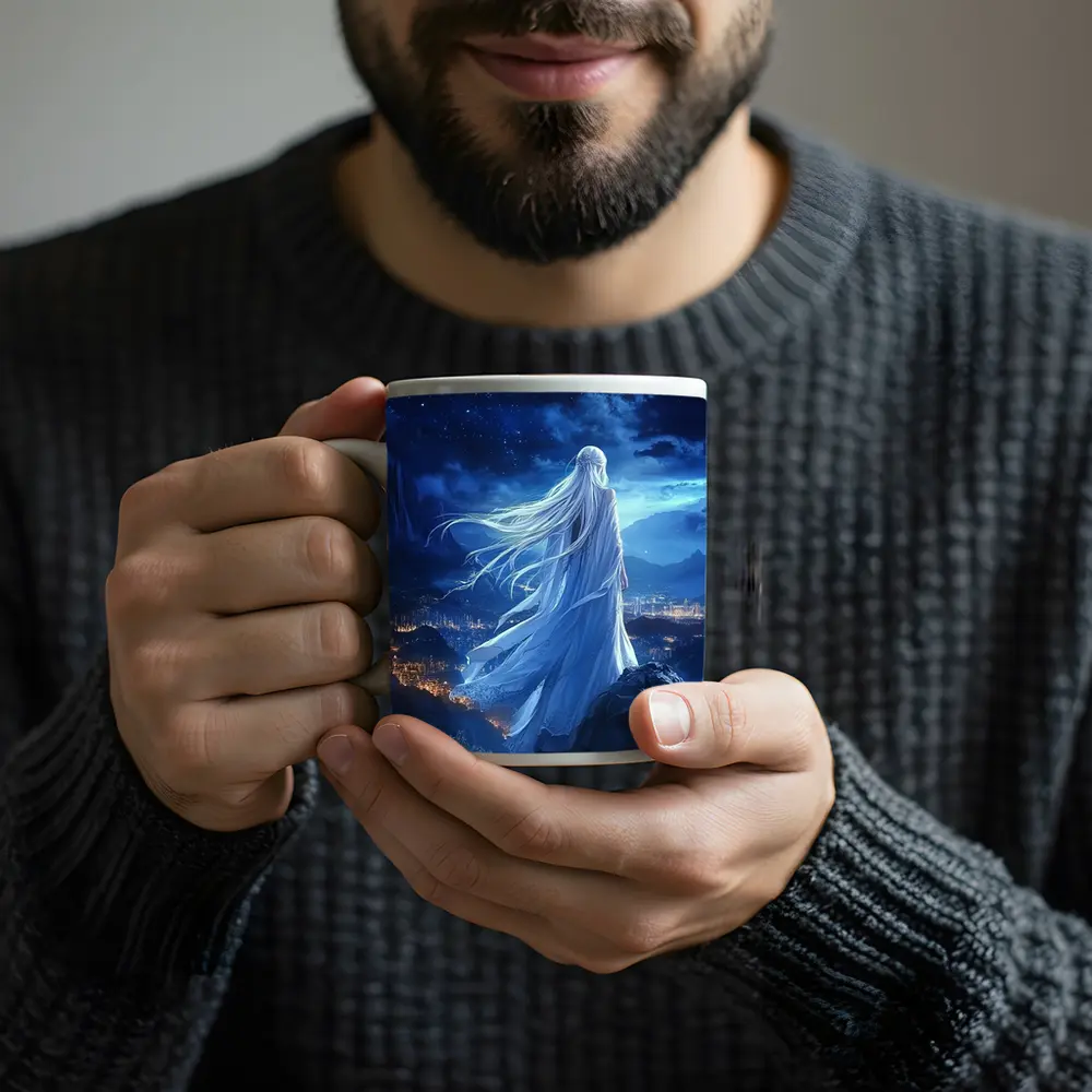 Anime Girl White Dress Starry Night City – Mugs