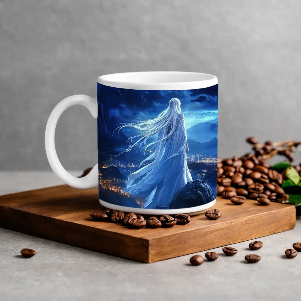 Anime Girl White Dress Starry Night City – Mugs