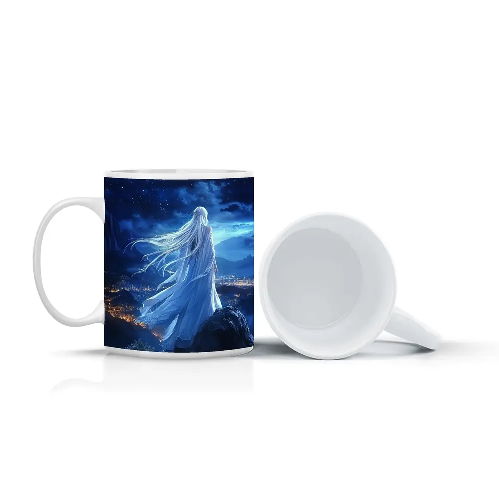Anime Girl White Dress Starry Night City – Mugs