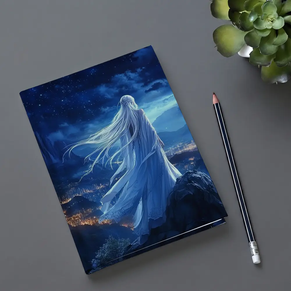 Anime Girl White Dress Starry Night City – Notebooks