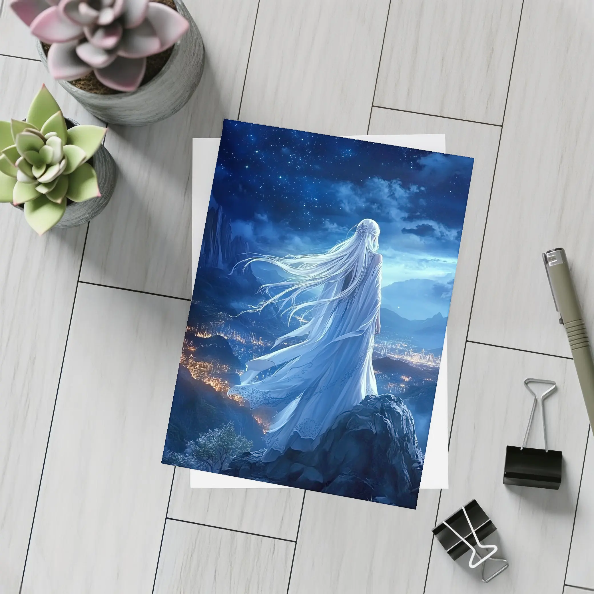 Anime Girl White Dress Starry Night City – Postcards