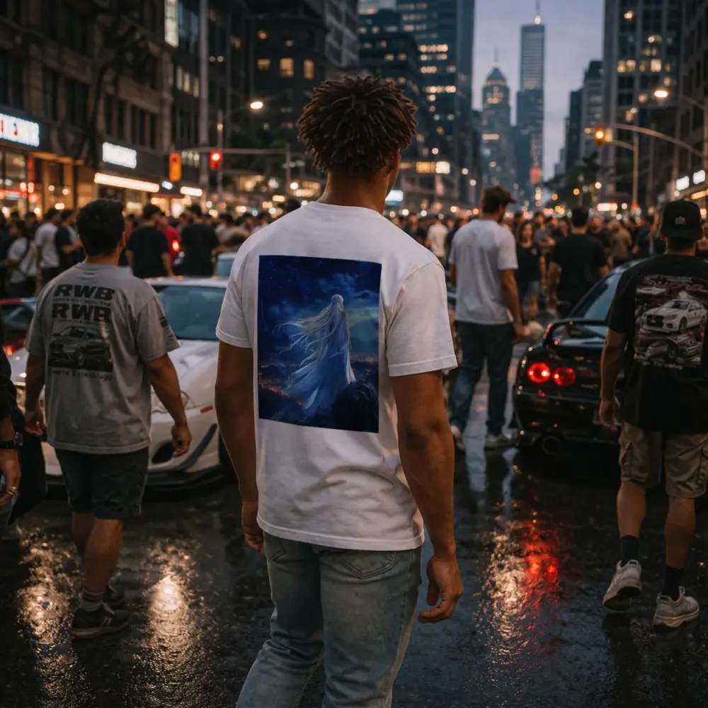 Anime Girl White Dress Starry Night City – T-Shirts