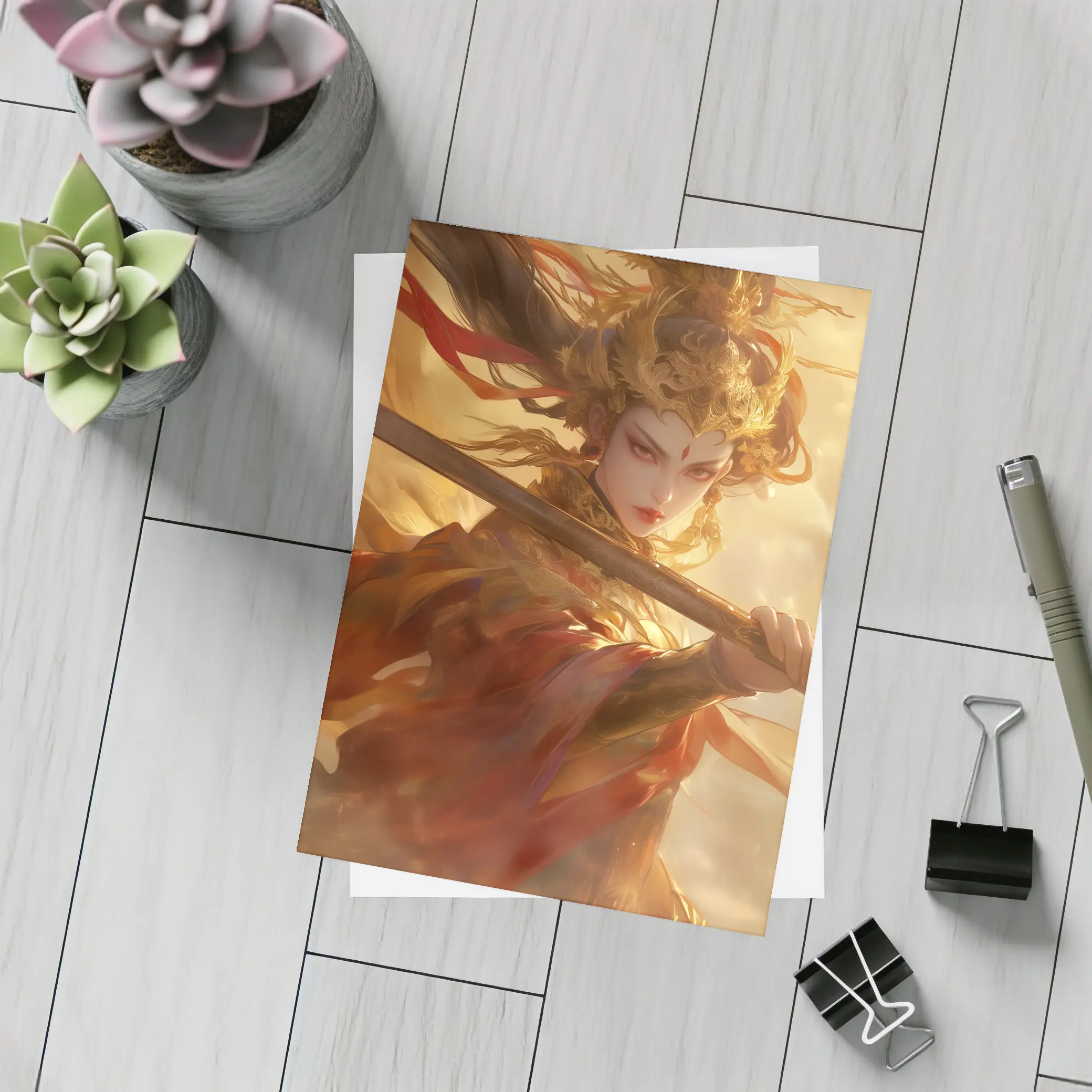 Ancient Chinese Warrior Woman Golden Fantasy Art – Postcards
