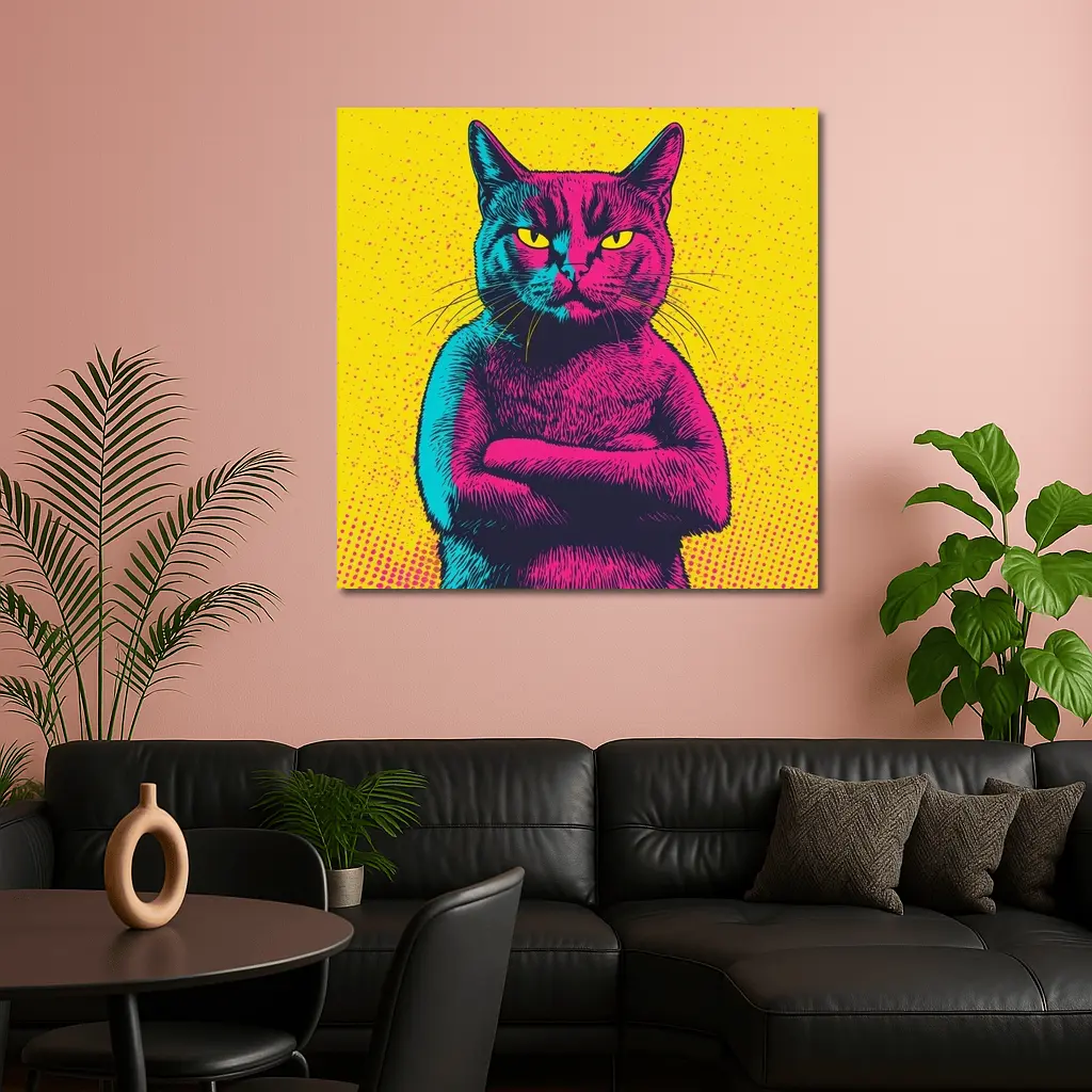 Angry Cat Arms Crossed Pop Art Yellow – Wall Art