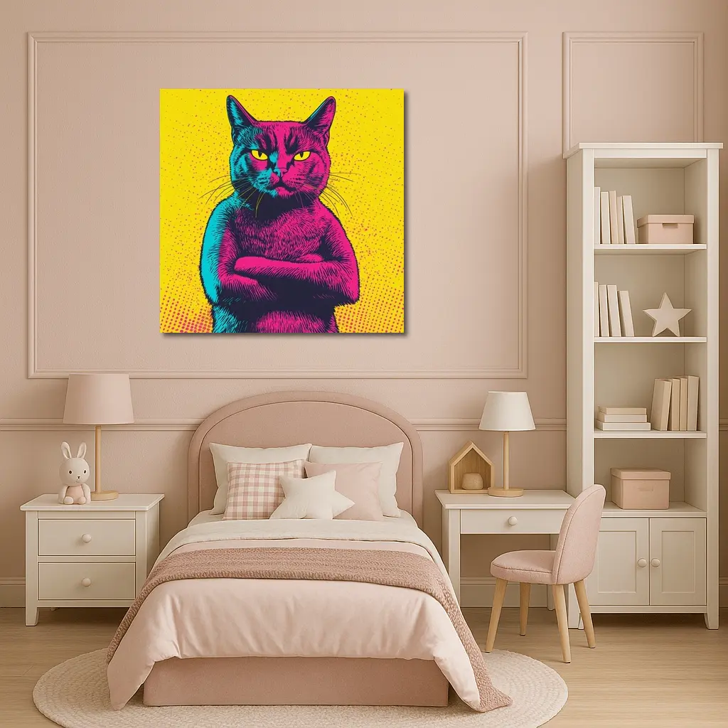 Angry Cat Arms Crossed Pop Art Yellow – Wall Art