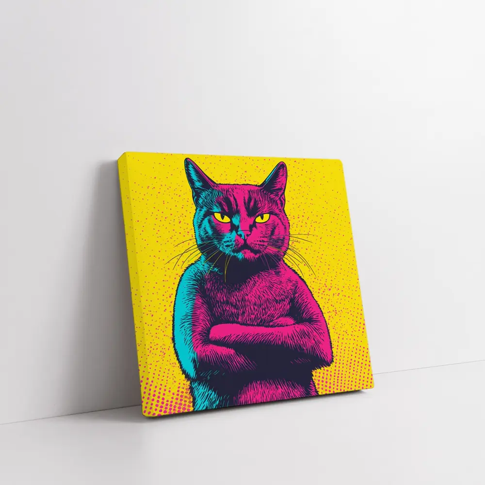 Angry Cat Arms Crossed Pop Art Yellow – Wall Art