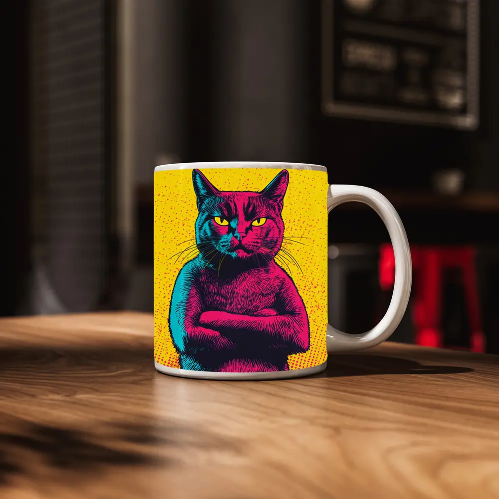 Angry Cat Arms Crossed Pop Art Yellow – Mugs