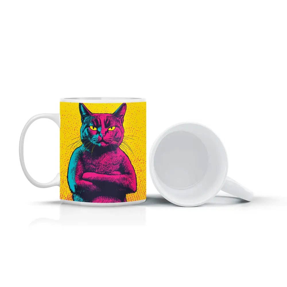 Angry Cat Arms Crossed Pop Art Yellow – Mugs