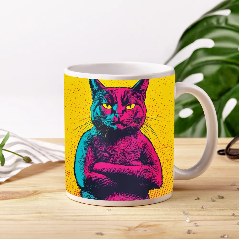 Angry Cat Arms Crossed Pop Art Yellow – Mugs