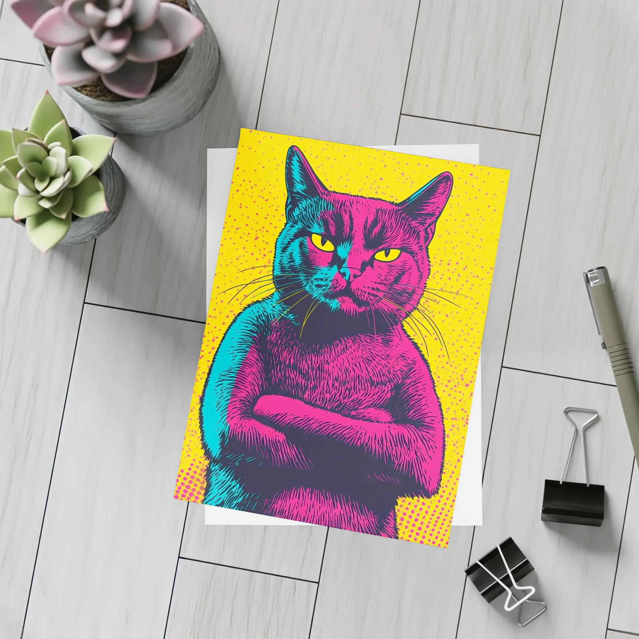 Angry Cat Arms Crossed Pop Art Yellow – Postcards