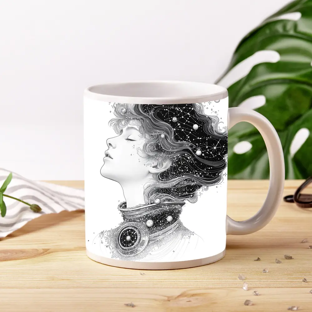 Woman Profile Cosmic Constellation Stars Illustration – Mugs