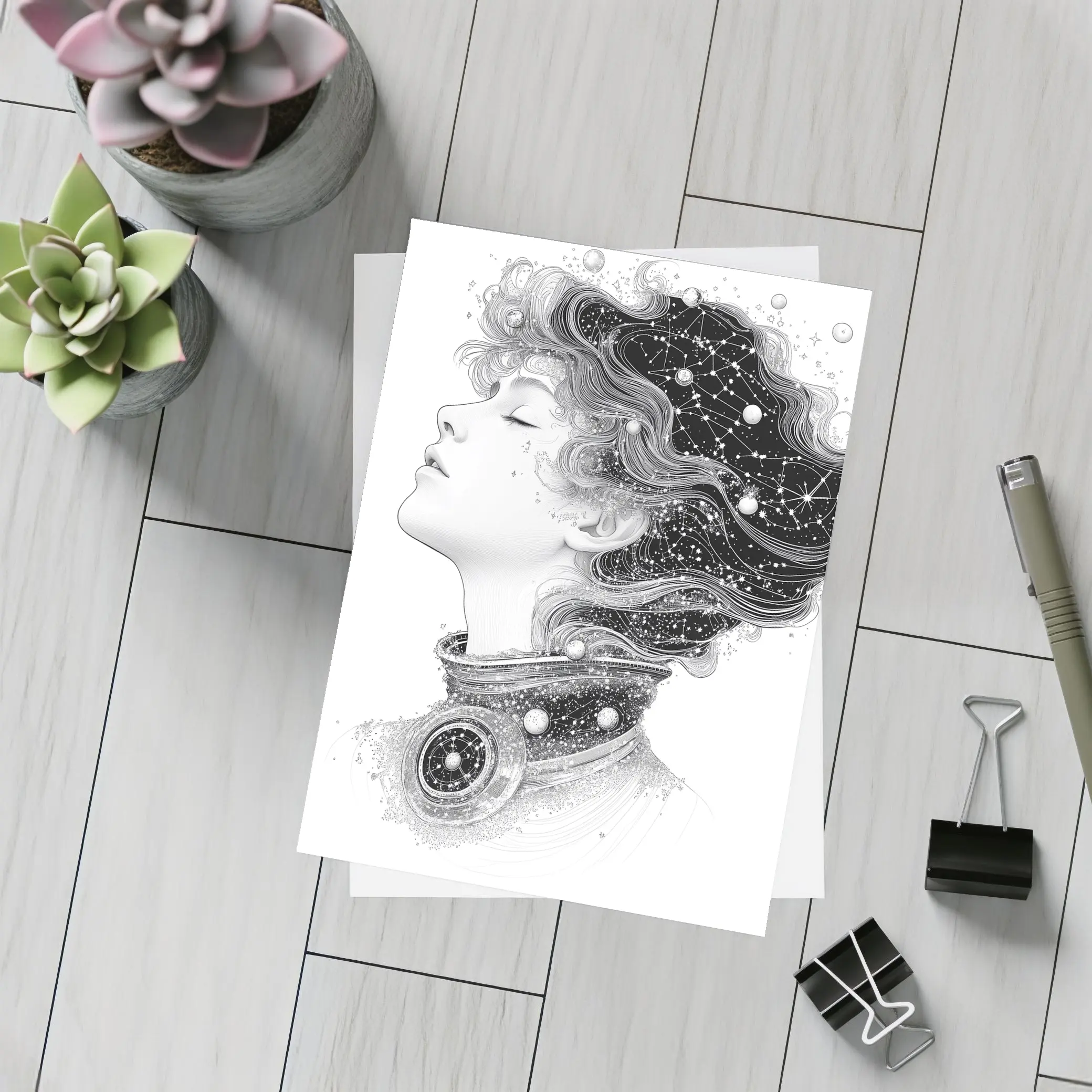 Woman Profile Cosmic Constellation Stars Illustration – Postcards