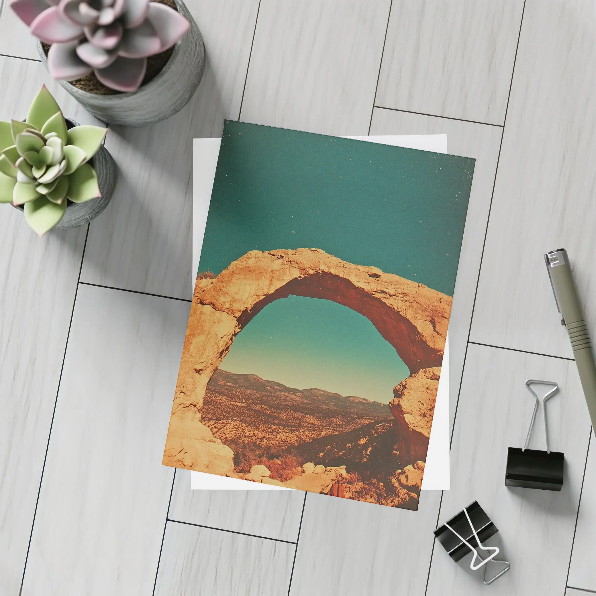 Desert Rock Arch Starry Teal Sky – Postcards
