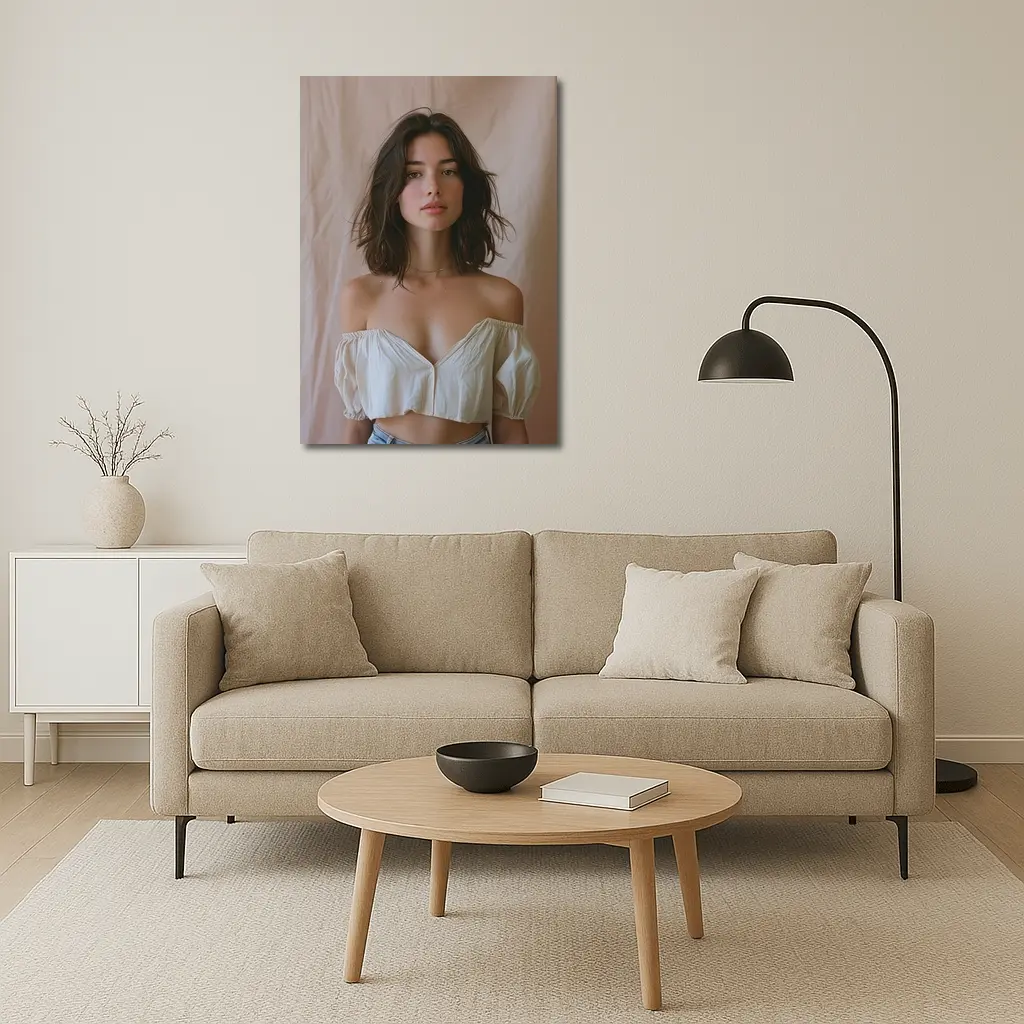 Young Woman Off Shoulder Top Beige Background – Wall Art