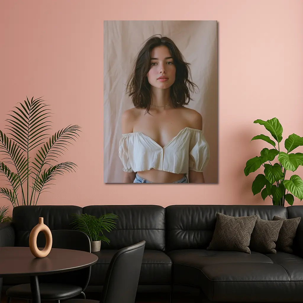 Young Woman Off Shoulder Top Beige Background – Wall Art