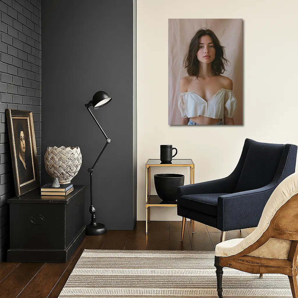 Young Woman Off Shoulder Top Beige Background – Wall Art