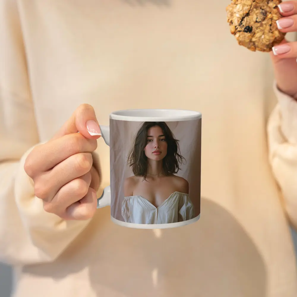 Young Woman Off Shoulder Top Beige Background – Mugs