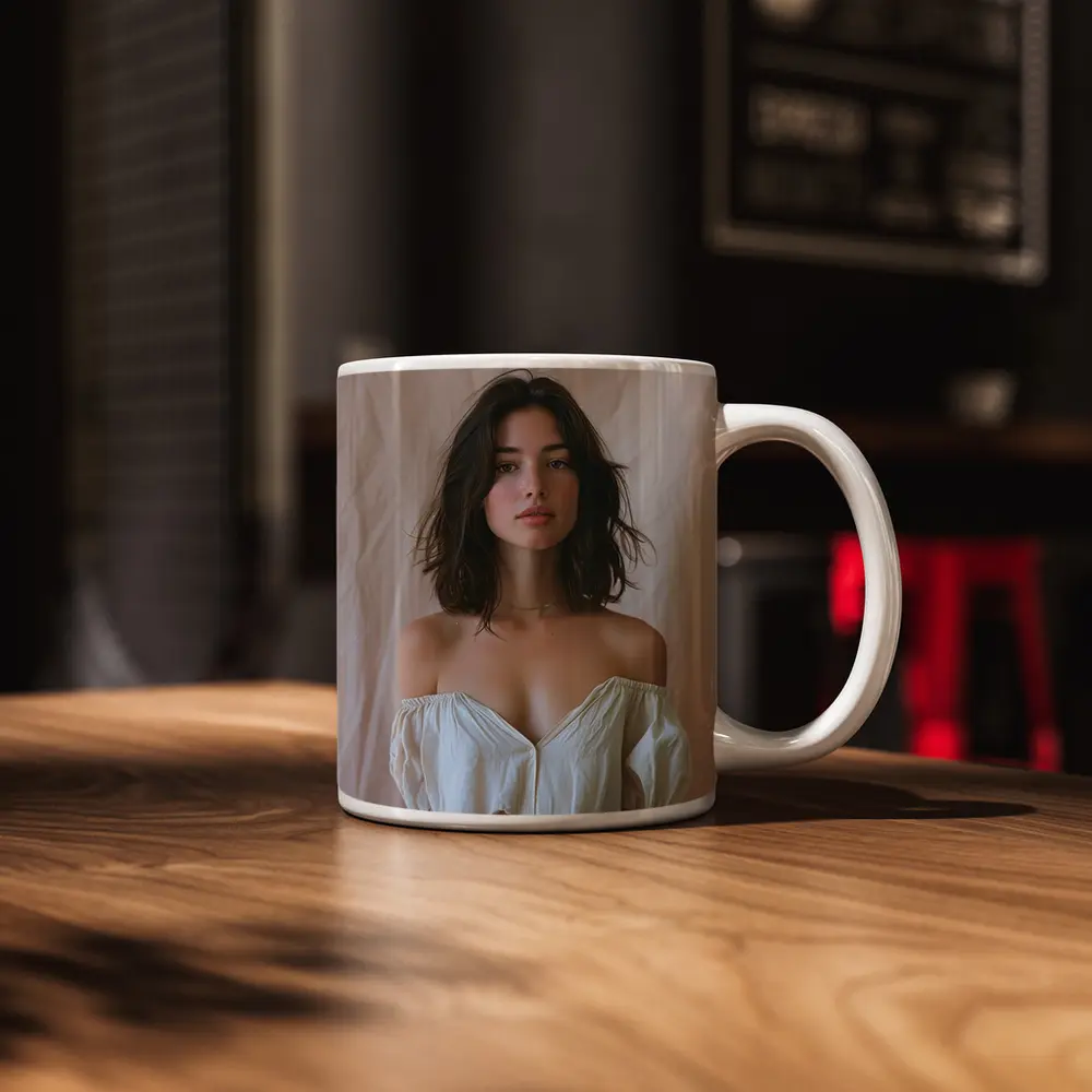 Young Woman Off Shoulder Top Beige Background – Mugs