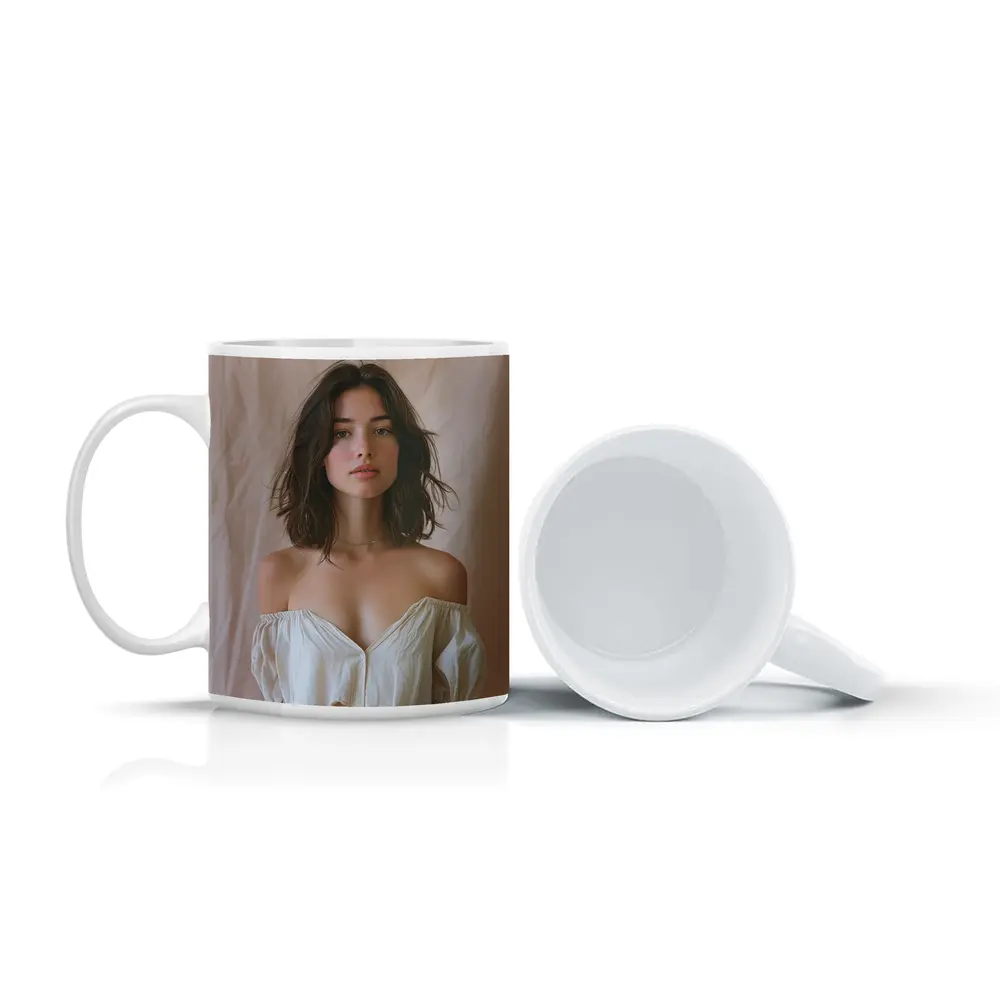 Young Woman Off Shoulder Top Beige Background – Mugs