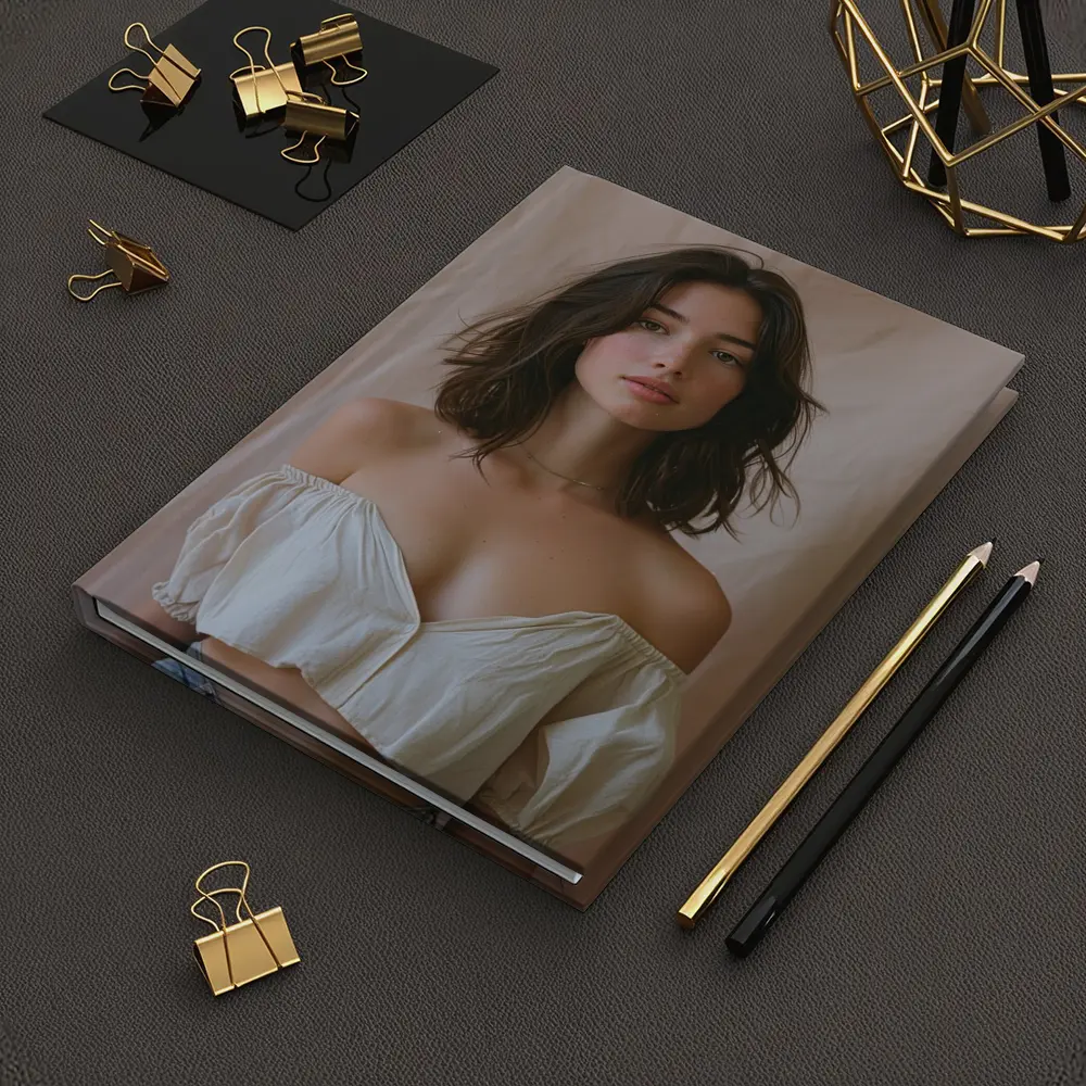 Young Woman Off Shoulder Top Beige Background – Notebooks