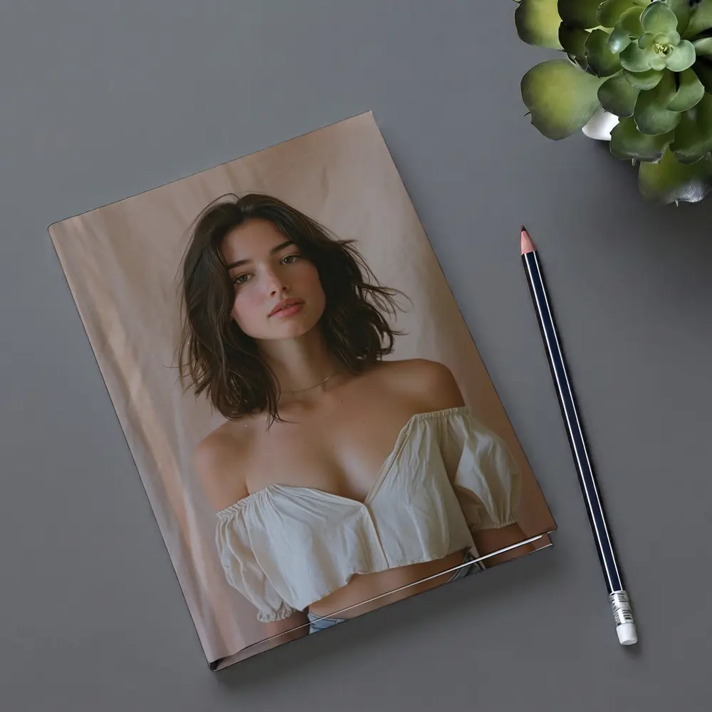 Young Woman Off Shoulder Top Beige Background – Notebooks
