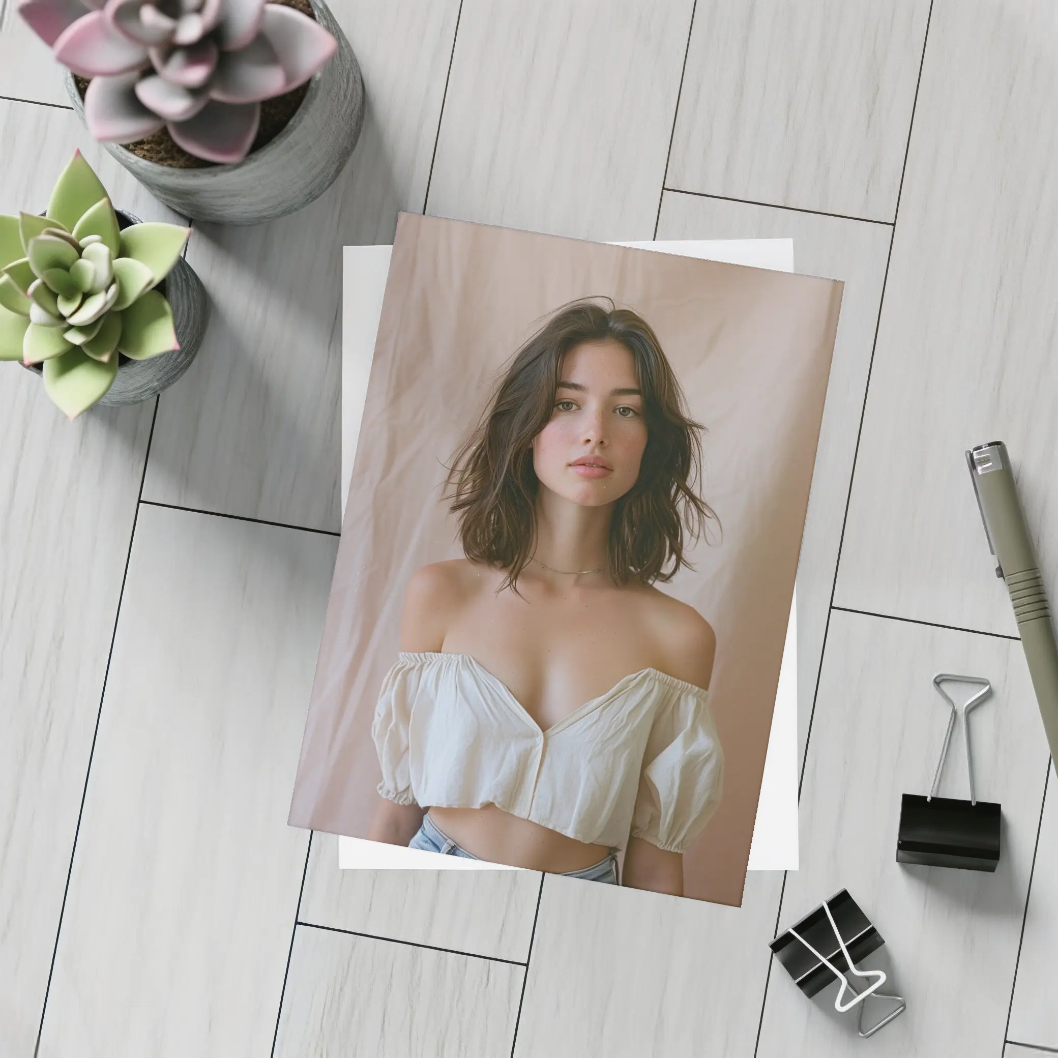 Young Woman Off Shoulder Top Beige Background – Postcards