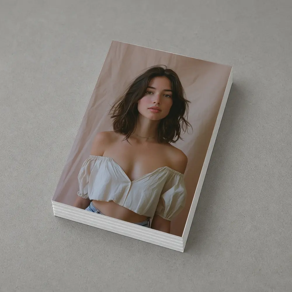 Young Woman Off Shoulder Top Beige Background – Postcards