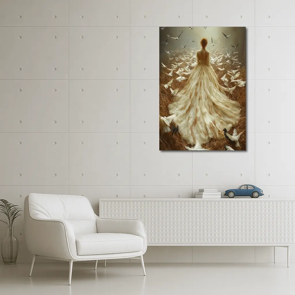 Woman White Gown Birds Flying Field – Wall Art